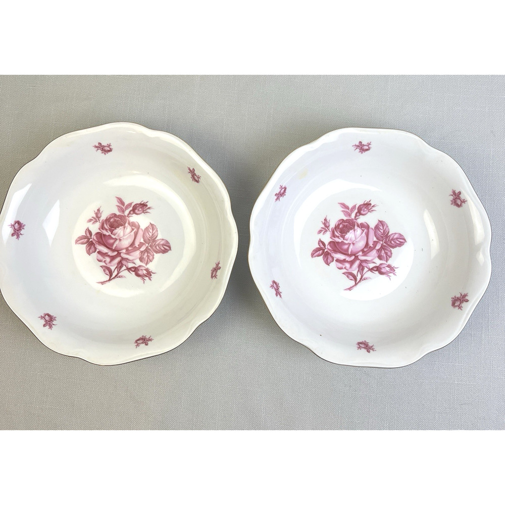 Bohemian Czechoslovakia Vegetable Serving Bowls 2 Roses Pink Gold Vintage